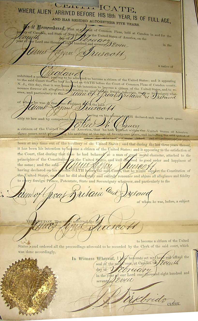 Naturalization certificate for James Lynn Truscott, February 7, 1877