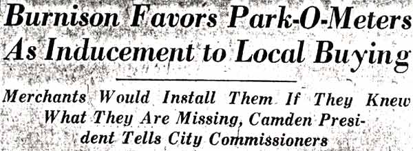 Burnison favors Park-O-Meters headline, October 1936
