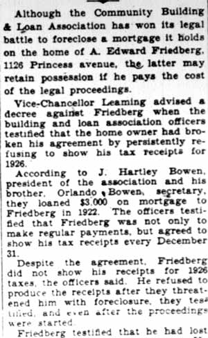 Camden Courier-Post, February 7, 1928 — B. & L. Makes Offer to End Foreclosure