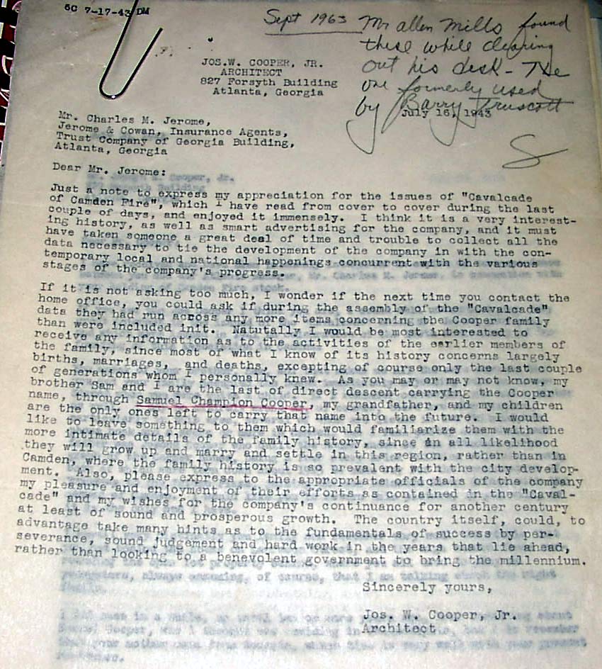 Letter from Jos. W. Cooper Jr., Architect, Atlanta, Georgia, September 1963