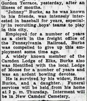 John A. Burke Dies, Baseball Devotee — Camden Courier-Post, January 11, 1938, continued