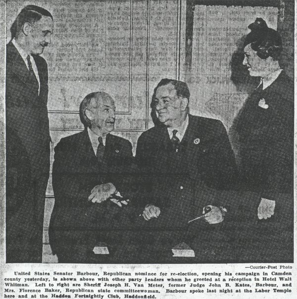 Sheriff Van Meter, former Judge John B. Kates, Senator Barbour, and Mrs. Florence Baker — Camden Courier-Post, August 3, 1936