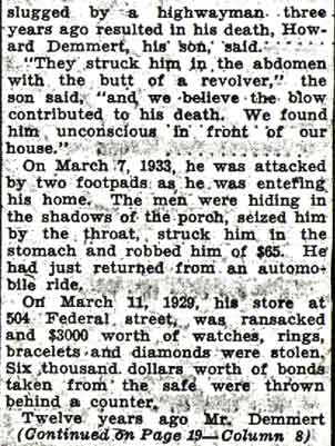 J. C. Demmert Dies, Victim of Robbers — Camden Courier-Post, August 14, 1936, continued