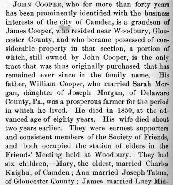 John Cooper — History of Camden County, NJ, by George Reeser Prowell, 1886