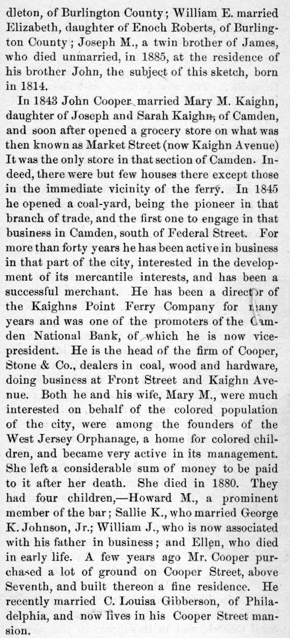 John Cooper — History of Camden County, NJ, by George Reeser Prowell, 1886, continued