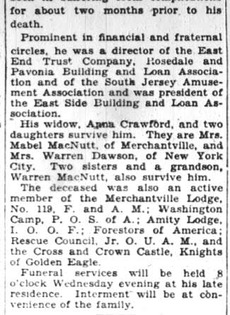 Camden Courier-Post, February 4, 1928 — John Crawford Dies, Funeral Director (part 2)