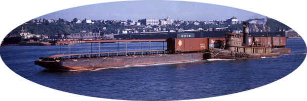 NY Central No. 32 pushing a carfloat and boxcars on the Hudson River, 1957