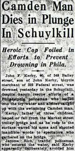 Camden Courier-Post, January 8, 1938 — Camden Man Dies in Plunge In Schuylkill