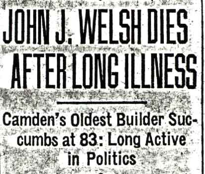Camden Courier-Post, August 31, 1936 — John J. Welsh Dies After Long Illness, headline