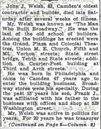 Camden Courier-Post, August 31, 1936 — John J. Welsh Dies After Long Illness, text