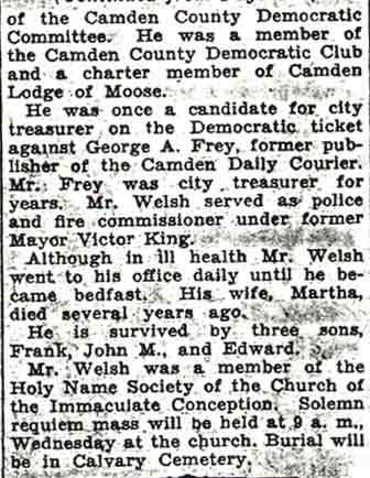 Camden Courier-Post, August 31, 1936 — John J. Welsh Dies After Long Illness, continued