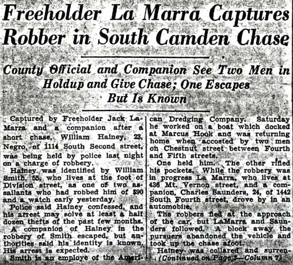 Newspaper article about Jack LaMarra capturing a robber