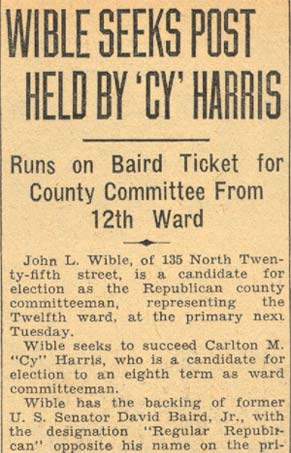 Camden Courier-Post, May 12, 1934 — Wible Seeks Post Held by 'Cy' Harris