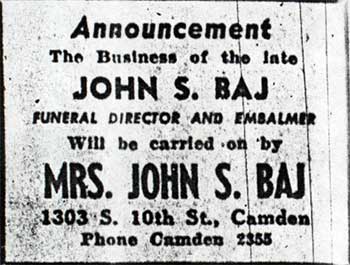 Announcement that Mrs. John S. Baj will continue the funeral business, January 15, 1941