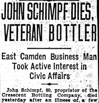 Camden Courier-Post December 4, 1935 — John Schimpf Dies, Veteran Bottler — East Camden Business Man Took Active Interest in Civic Affairs