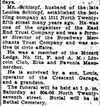 Camden Courier-Post December 4, 1935 — John Schimpf obituary continued — East End Trust, Broadway Merchants Trust, Mozart Lodge, Lincoln Club, Elks, Pavonia Maennerchor