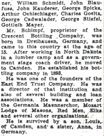 Camden Courier-Post December 5, 1935 — Schimpf funeral article continued — pallbearers including Mayor Frederick von Nieda and George Spicks