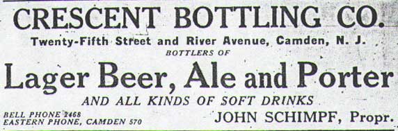 Crescent Bottling Co. advertisement — Camden City Directory 1917 — Twenty-Fifth Street and River Avenue, Camden NJ — bottlers of Lager Beer, Ale and Porter — John Schimpf, Propr.