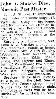 Camden Courier-Post, June 2, 1950 — John A. Stutzke Dies; Masonic Past Master