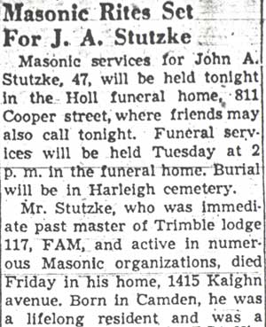 Camden Courier-Post, June 4, 1950 — Masonic Rites Set for J. A. Stutzke (part 1)