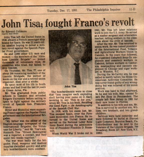 John Tisa obituary, Philadelphia Inquirer, December 17, 1991