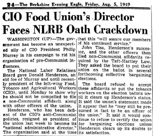 CIO Food Union's Director Faces NLRB Oath Crackdown, Berkshire Evening Eagle, August 5, 1949
