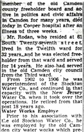 Camden Courier-Post, May 31, 1950 — John T. Rodan obituary, column 1