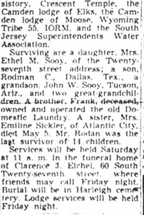 Camden Courier-Post, May 31, 1950 — John T. Rodan obituary, column 3