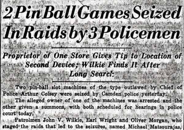 2 Pin Ball Games Seized In Raids by 3 Policemen — headline and opening paragraphs