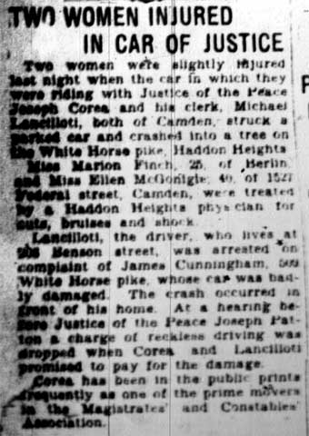 Newspaper article about car accident involving Justice Joseph Corea