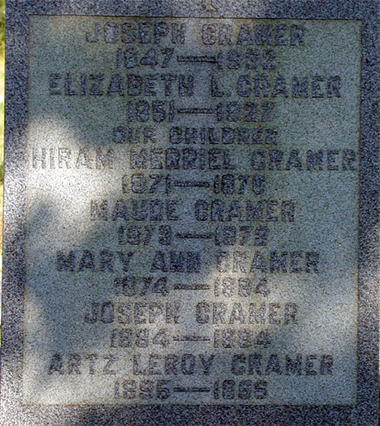 Joseph Cramer grave marker, Evergreen Cemetery