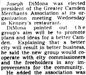 Greater Camden Merchants Group Names DiMona First President — Camden Courier-Post, July 21, 1950