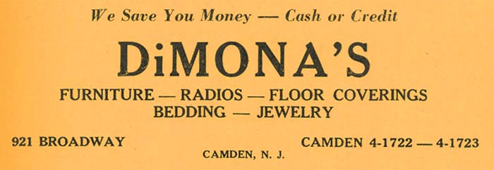 DiMona's Fine Furniture advertisement, Polk's Camden City Directory, 1947