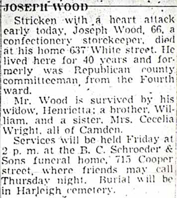 Joseph Wood obituary — Camden Courier-Post, June 1, 1950