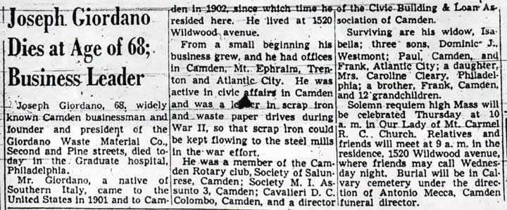 Obituary for Joseph Giordano, July 2, 1951
