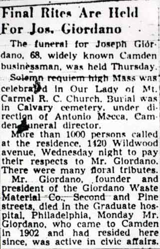 Funeral announcement for Joseph Giordano