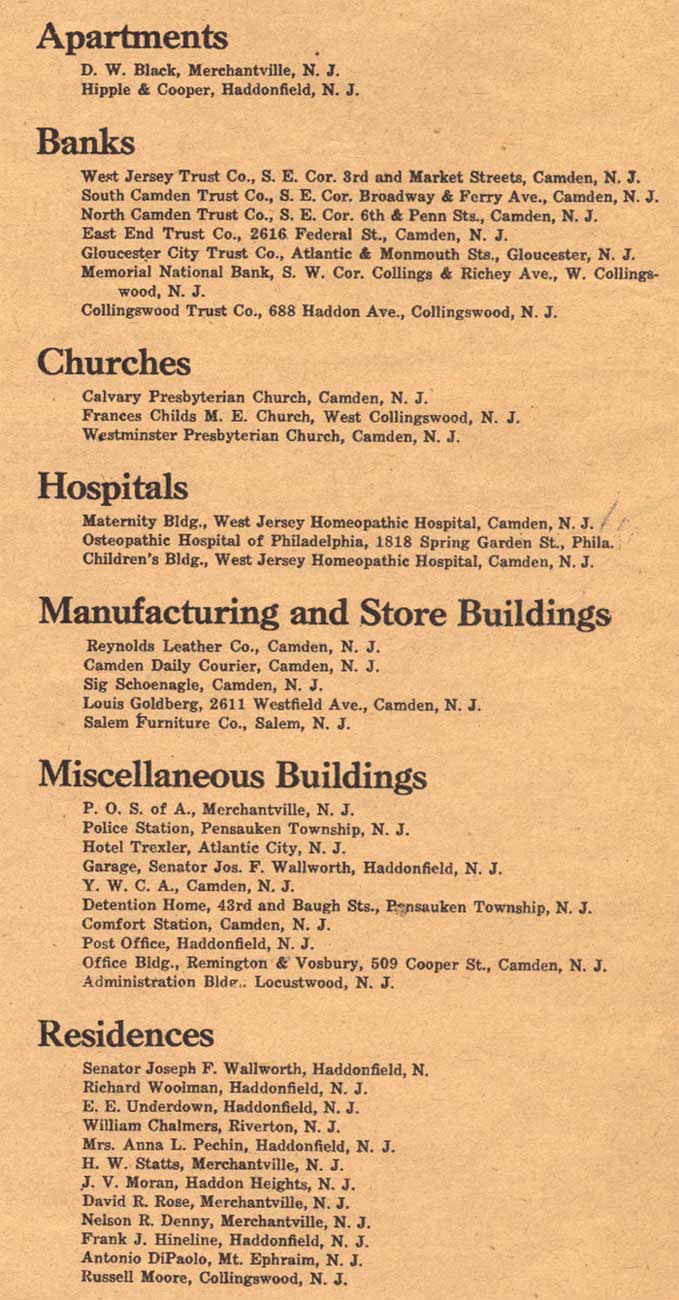 Buildings by Lackey & Hettel — list by category, 1926