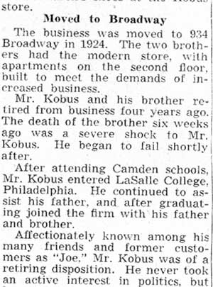 Camden Courier-Post, June 9, 1939 — Joseph Kobus obituary (continued)