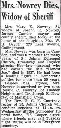 Obituary notice for Mary Nowrey, Camden Courier-Post, April 1, 1950