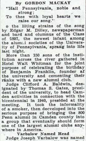 Camden Courier-Post, January 25, 1938 — U. of P. Graduates Meet Here To Form Newest Alumni Body, page 1