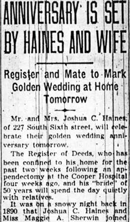 Camden Courier-Post, October 23, 1936, Joshua C. Haines 50th wedding anniversary