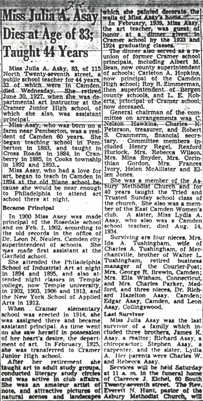 Miss Julia A. Asay Dies at Age of 83; Taught 44 Years — Camden Courier-Post, April 20, 1950