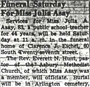Funeral Saturday For Miss Julia Asay — Camden Courier-Post, April 21, 1950