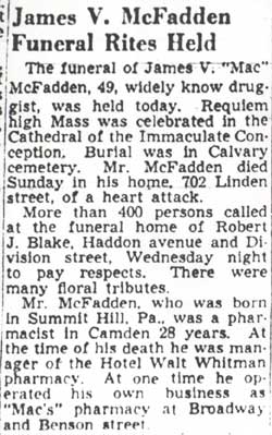 Funeral notice for James V. McFadden