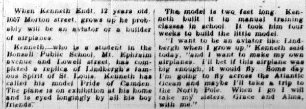 Newspaper article about Kenneth Endt's model airplane