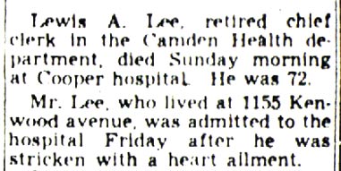 Camden Courier-Post, July 14, 1951 — Lewis Lee Dies Of Heart Ailment, page 2