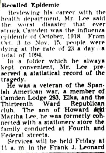 Camden Courier-Post, July 14, 1951 — Lewis Lee Dies Of Heart Ailment, page 6