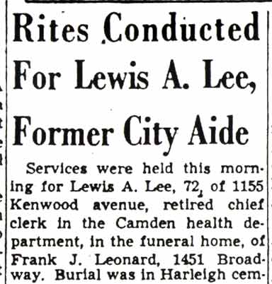 Camden Courier-Post, July 20, 1951 — Rites Conducted For Lewis A. Lee, page 1