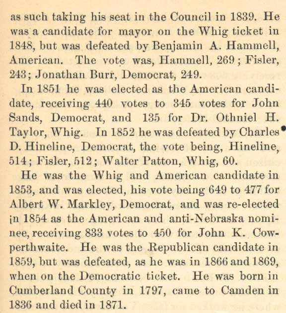 Entry for Lorenzo F. Fisler from History of Camden County New Jersey, George Reeser Prowell, 1886, page 2