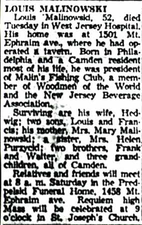 Obituary for Louis Malinowski, Camden Courier-Post, February 25, 1959